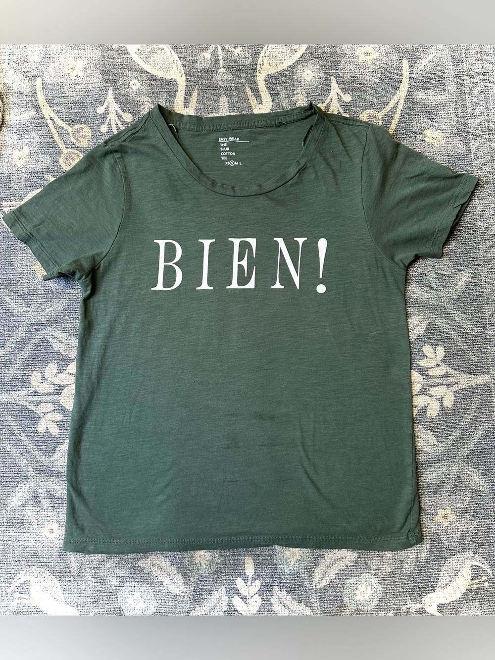 Easy Wear “BIEN!” Green Slub Cotton Graphic Tee Shirt Sz S